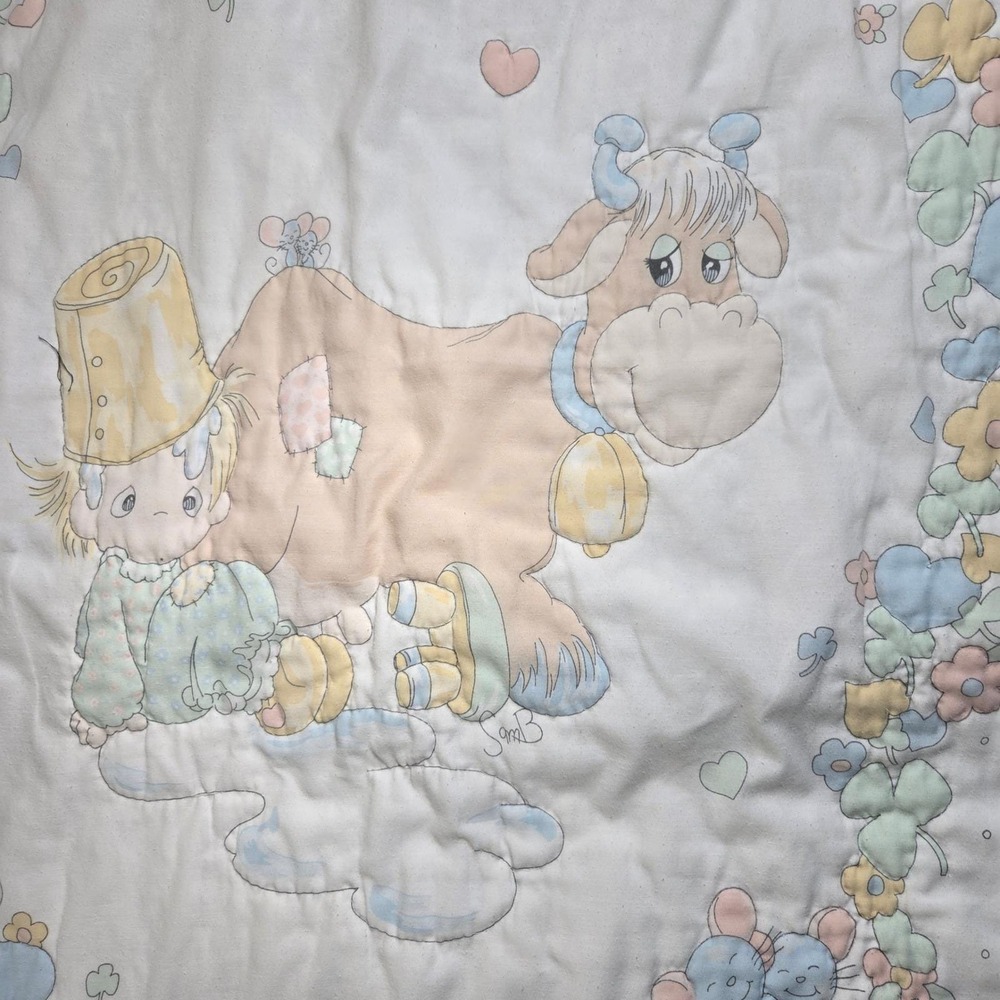 Vintage Precious Moments Quilt Pastel Boy Cow Mice Nursery Blanket 32x43 White
